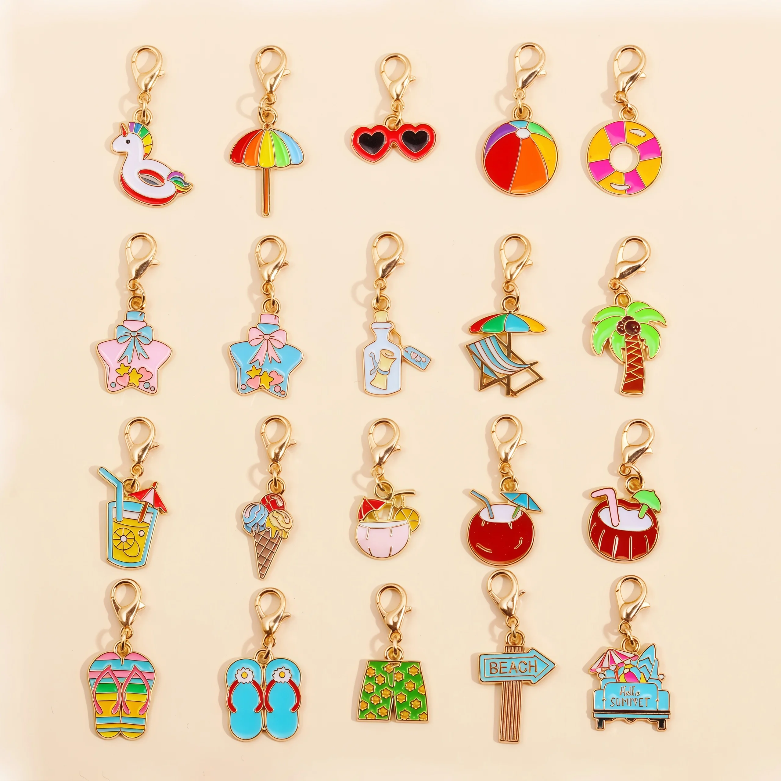 10Pcs Cute Mix Enamel Summer Beach Series Swim Ring Drink Charms With Lobster Buckle Kit For Jewelry DIY Making Crafts Decor