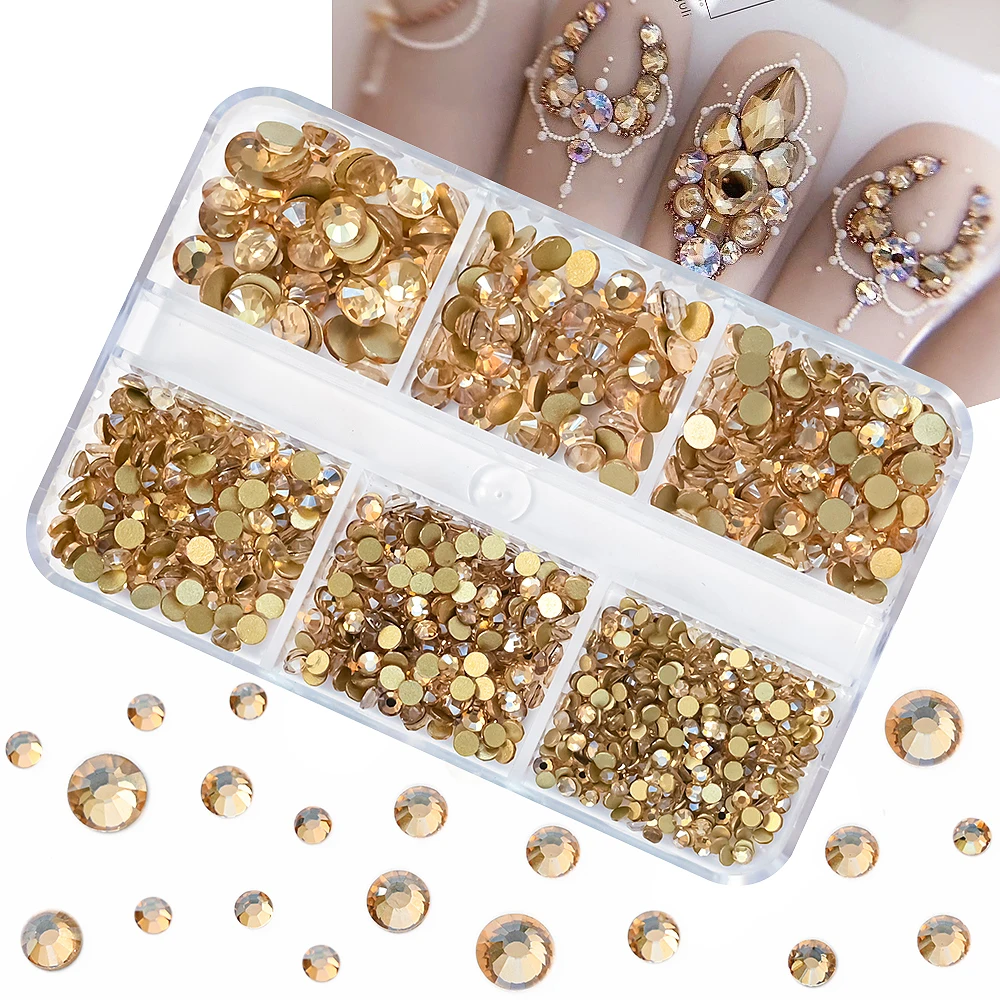 

900-1000Pcs 6Grids Champagne Gold Nail Art Rhinestone SS4-SS16 Mixed Champagne Nail Crystal Non-Hotfix Gold Manicure Diamond