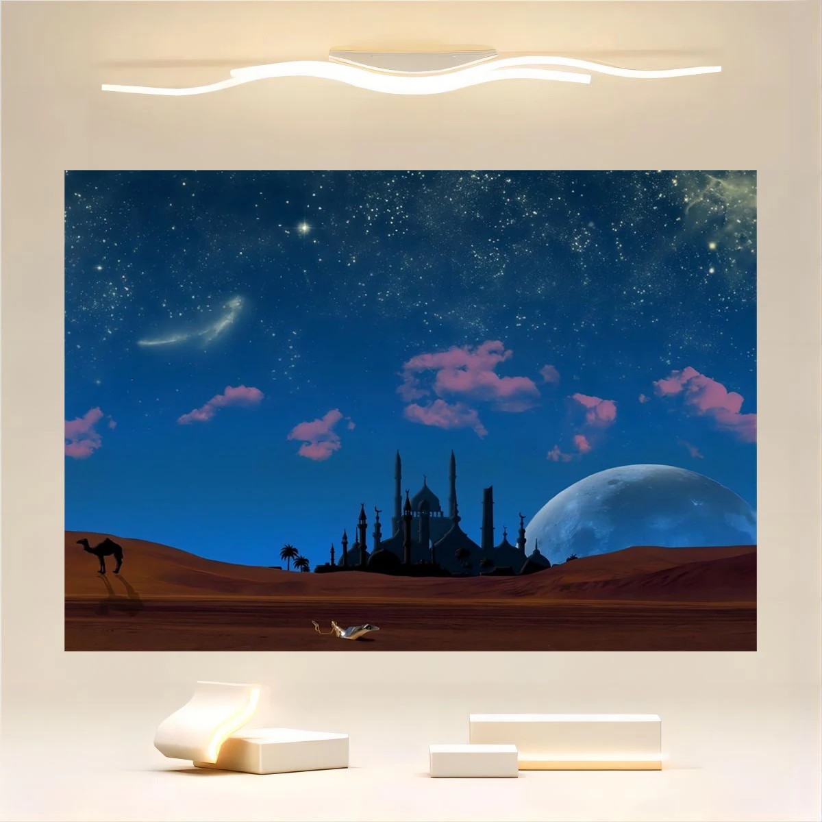 Magic aladdin genie lamp in desert background mosque night scene fantasy starry sky camel wish mystery lucky myth photo props