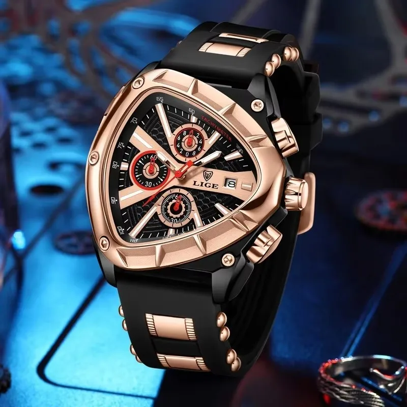 LIGE, nuevos relojes para hombre, reloj de pulsera de cuarzo triangular creativo, punteros luminosos, reloj militar con correa de goma, reloj resistente al agua para hombre