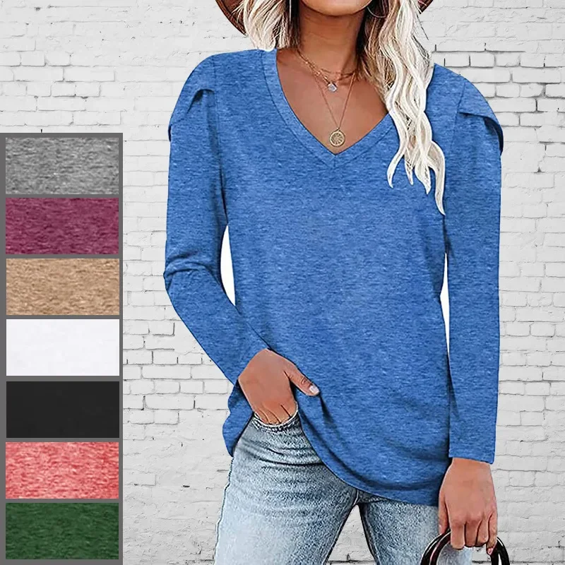 

2025 Women's New Spring Autumn T-shirt V-neck Pleated Casual Long Sleeved T-shirt Top Women's Top Casual Pure Color Soft Tees