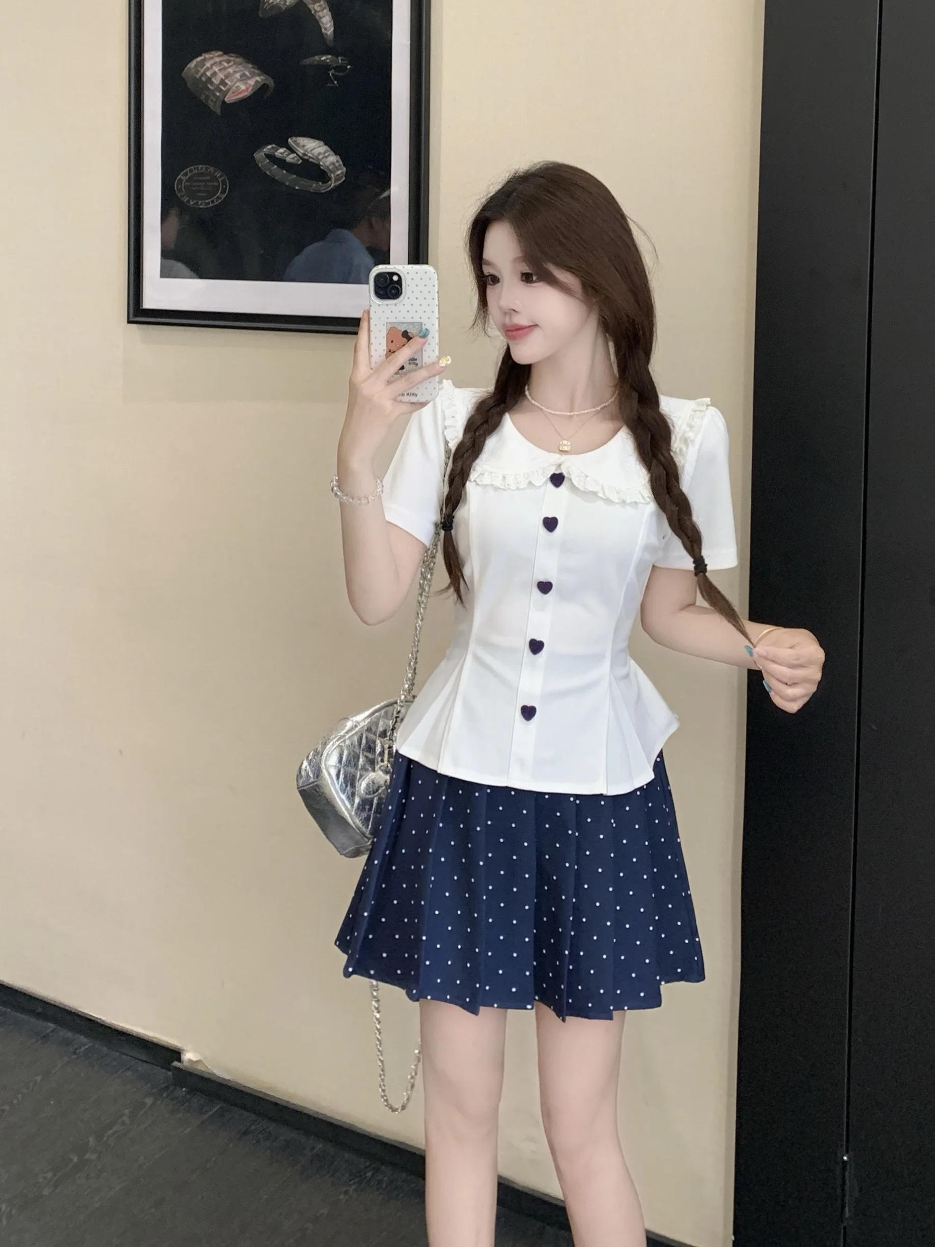 

plus Size Pure Desire Style Set Summer New Design Doll Collar Splice Short Sleeve Top Polka Dot Skirt Korean Version Com...