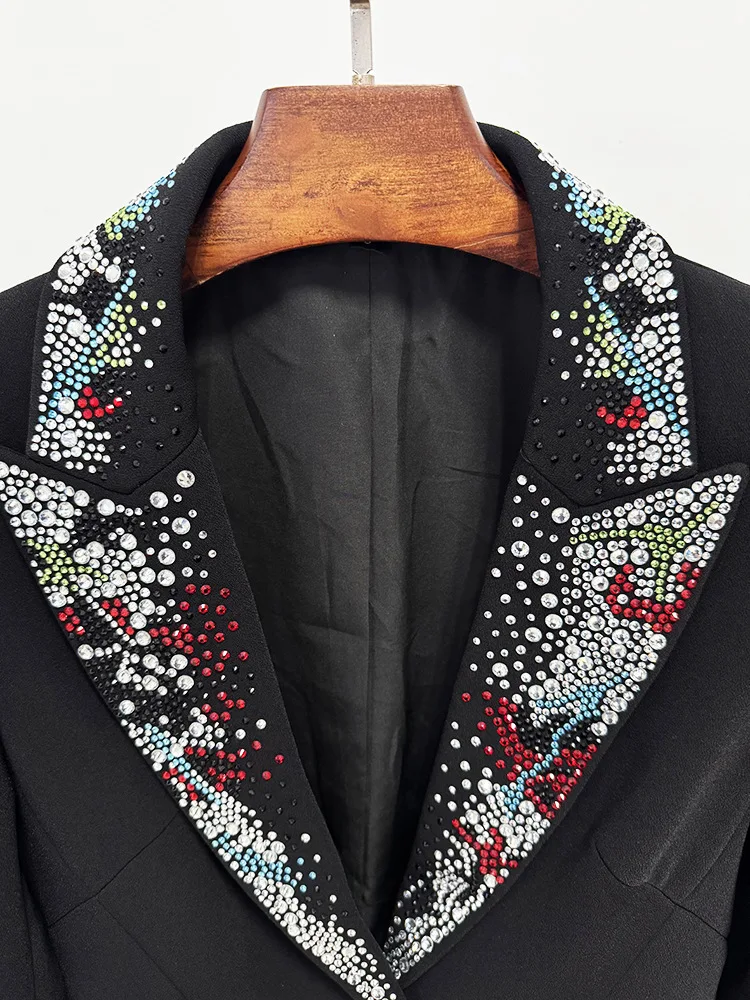 Women Black Blazer with Sequin Lapel Heavy Rhinestone Embellishment Deep V Neck Long Sleeves Slim Fit Suit Business Formal Wear