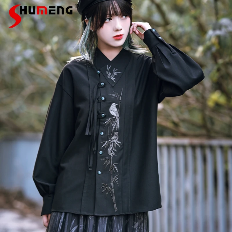 

Popular Design Sense New Chinese Embroidery Black Long Sleeves Shirt Oblique Placket National Style Top Single-breasted Blouse