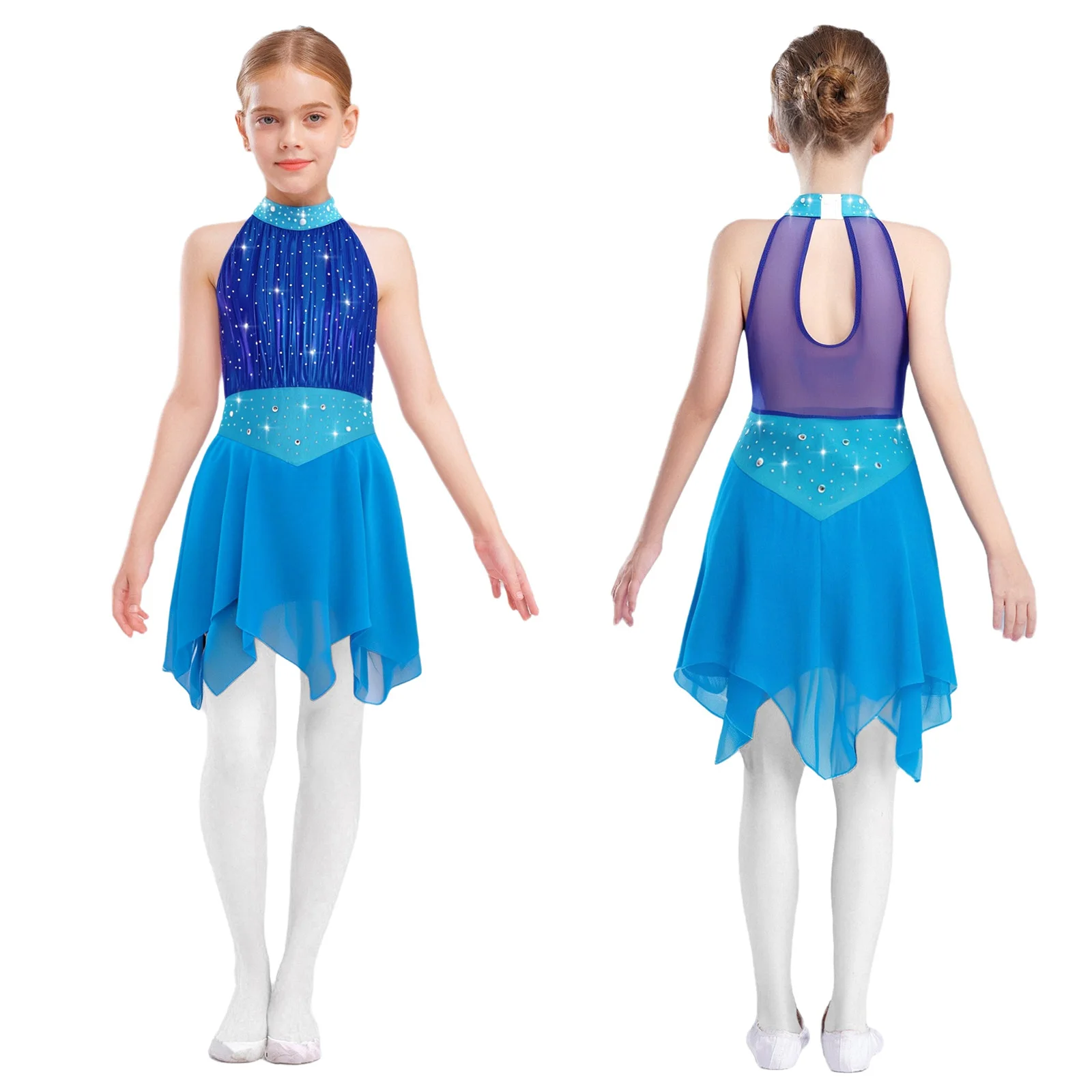 Teen Girls Figure Skating Lyrical Dance Gymnastics Dress Sleeveless Shiny Rhinestones Sheer Mesh Chiffon hem Leotard Dresses