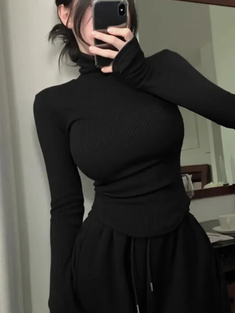 2025 nuevo jersey de cuello alto, blusas tejidas para mujer, jersey de moda para mujer, jersey térmico de primavera a rayas, camisetas básicas de manga larga cálidas