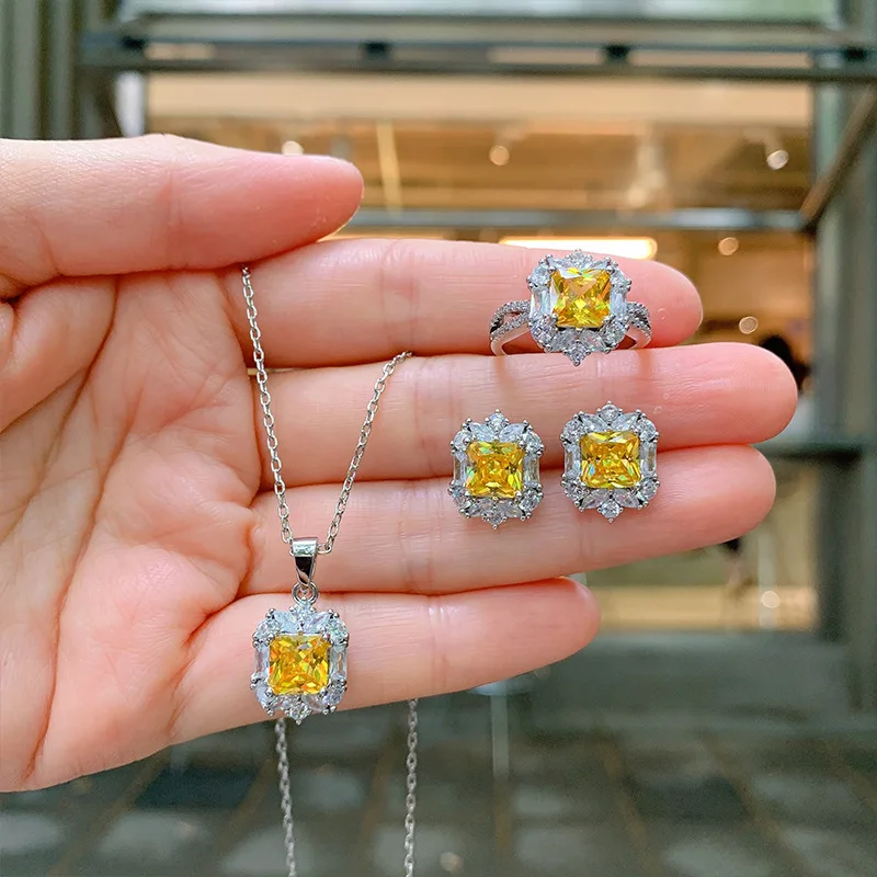 

European and American Yellow Diamond Square Jewelry Set Yellow Earrings for Women Full Diamond Zircon Ring
