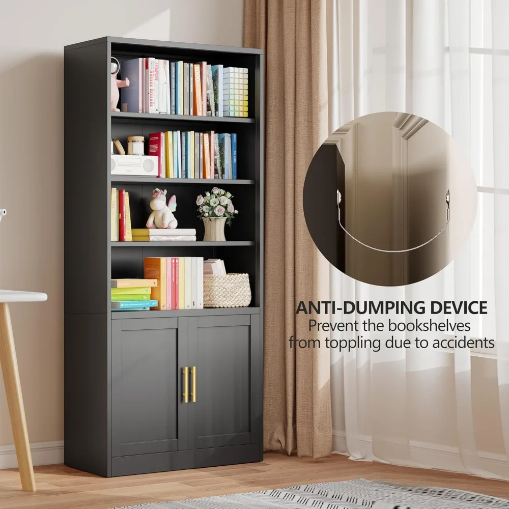 71 خزانة كتب معدنية وأرفف كتب مع بابين و4 أرفف قابلة للتعديل، وخزانة تخزين سوداء طويلة، وشاشة صناعية حديثة مفتوحة