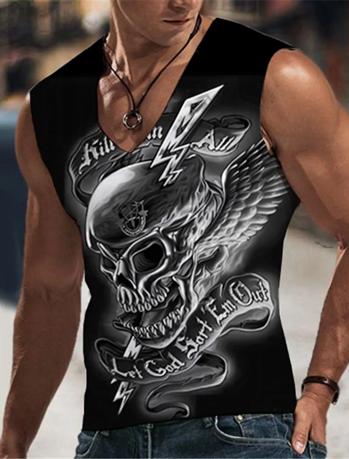 Skull Goth Mens 3D Shirt Black Men\'s T-Shirt Graphic Crew Collar Red Green 3D Printed Plus Size Casual Everyday Sleeveless Sport