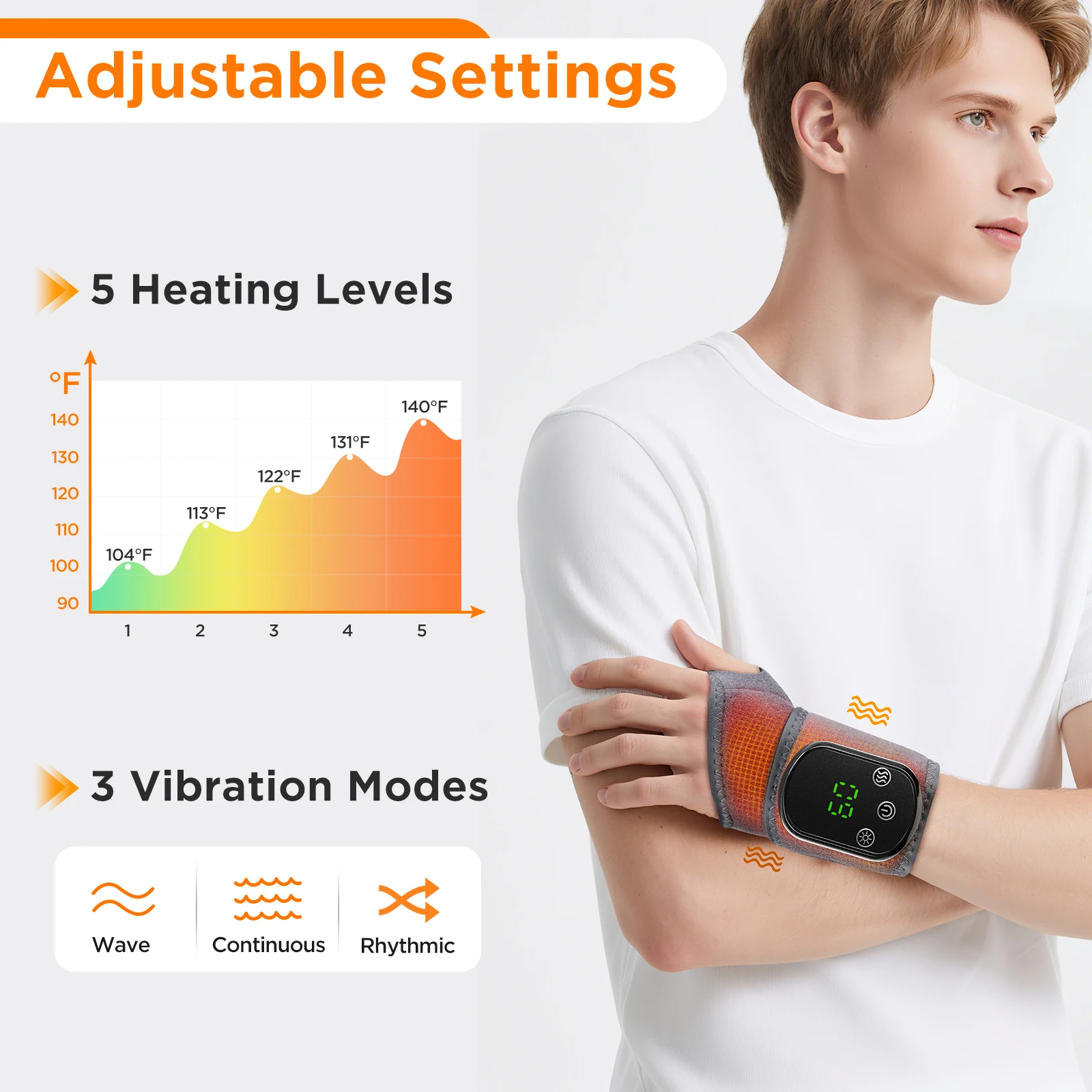 Heated Wrist Massager, 5 Levels Heat 3 Vibration Modes Cordless Brace Wrap Type-C for Office Typing Gaming Comfort Support Grey