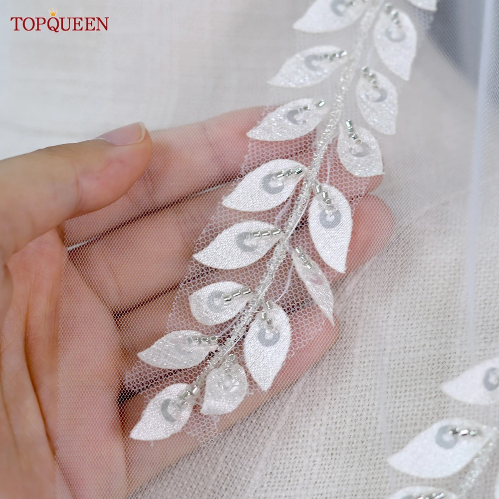 TOPQUEEN Boho Wedding Veils Sequined Leaf Shape Beaded Edge Bridal Veil 2024 Single Tier Beaded Lace Fingertip/Knee Length V244