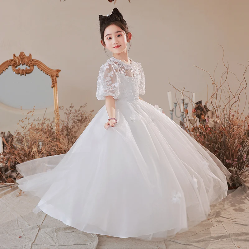 Dziewczęcy biały top z okrągłym dekoltem trójwymiarowy kwiat księżniczka rękaw suknia ślubna sukienka dla młodszej druhny balowa impreza/niestandardowe