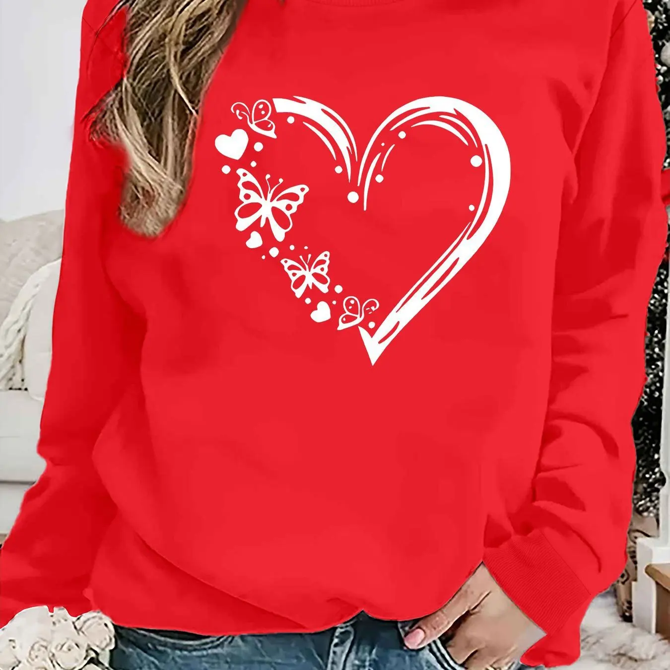 러브 버터플라이 프린트 캐주얼 가을 겨울 따뜻한 베이스 레이어 라운드 넥 긴팔 스웨트셔츠 디자인 센스 도매