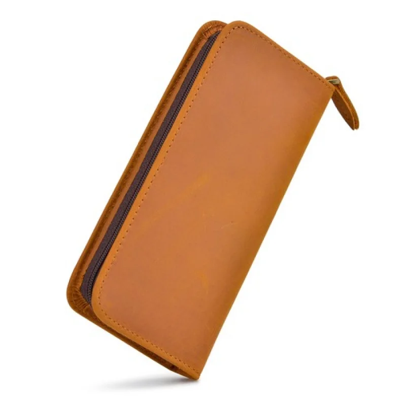 

A+ 3 Slots Vintage Handmade Crazy Horse Leather Fountain Rollerball Pen Case,Yellow