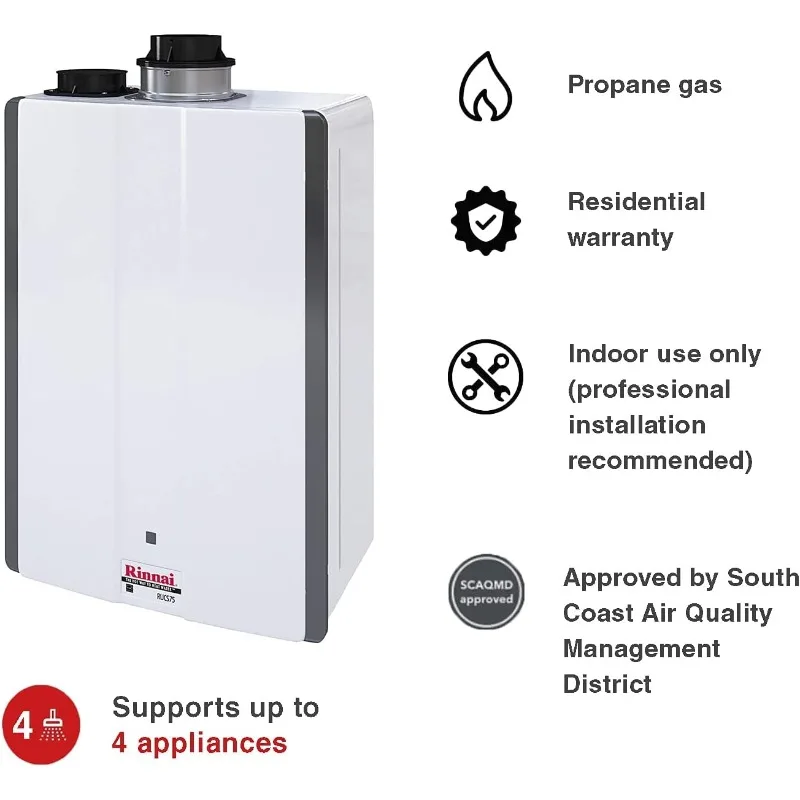 Rinnai RUCS75iP Tankless Hot Water Heater, 7.5 GPM, Propane, Indoor Installation