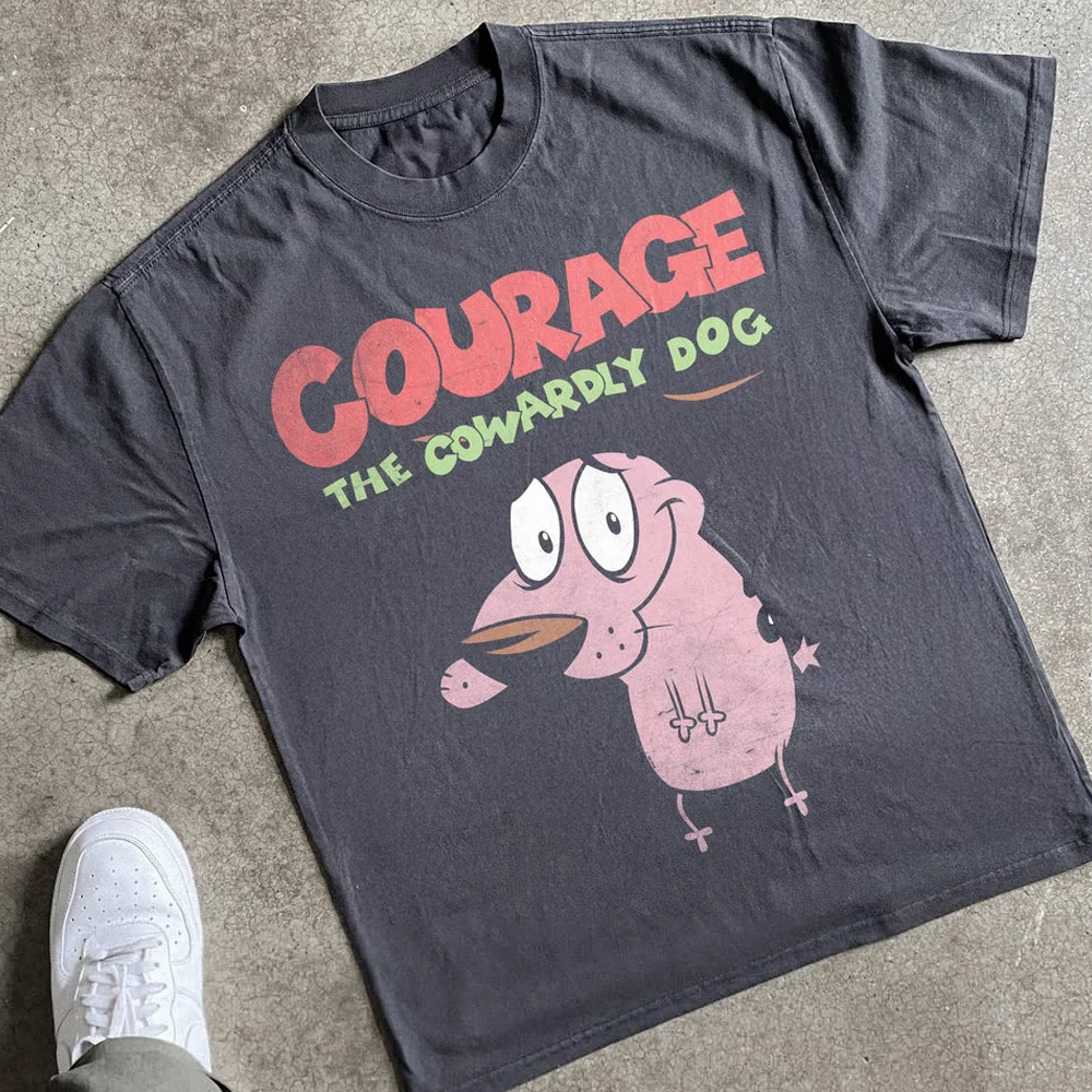 T-shirt à manches courtes avec imprimé de dessin animé Vintage Courage the Cowardly Dog, t-shirt graphique rétro unisexe, nostalgie des années 90, streetwear d'été