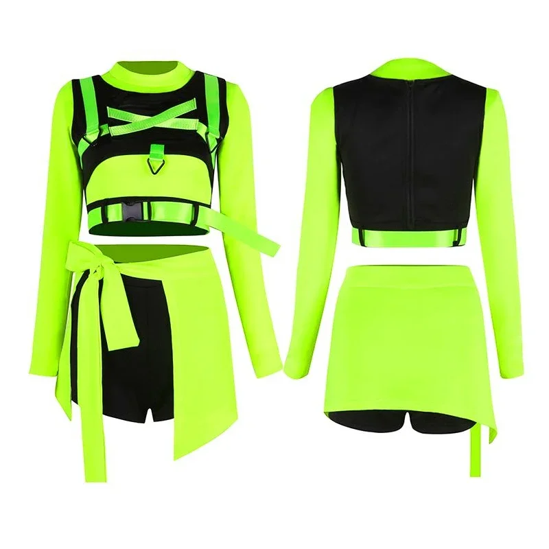 

Woman Sexy Fluorescent Green Performance Costume Top Skirt Shorts Hat Sporty Hip-Hop Street Dance Nightclub Stage Show Clothes