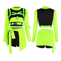 Woman Sexy Fluorescent Green Performance Costume Top Skirt Shorts Hat Sporty Hip-Hop Street Dance Nightclub Stage Show Clothes