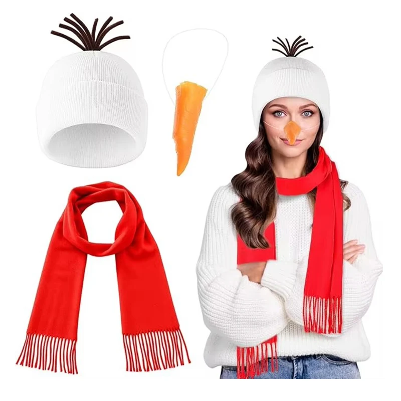 Volwassen kinderen 3-delig sneeuwpop kostuum witte muts hoeden wortel neus rode sjaal voor kerst kostuum accessoires winter cosplay party