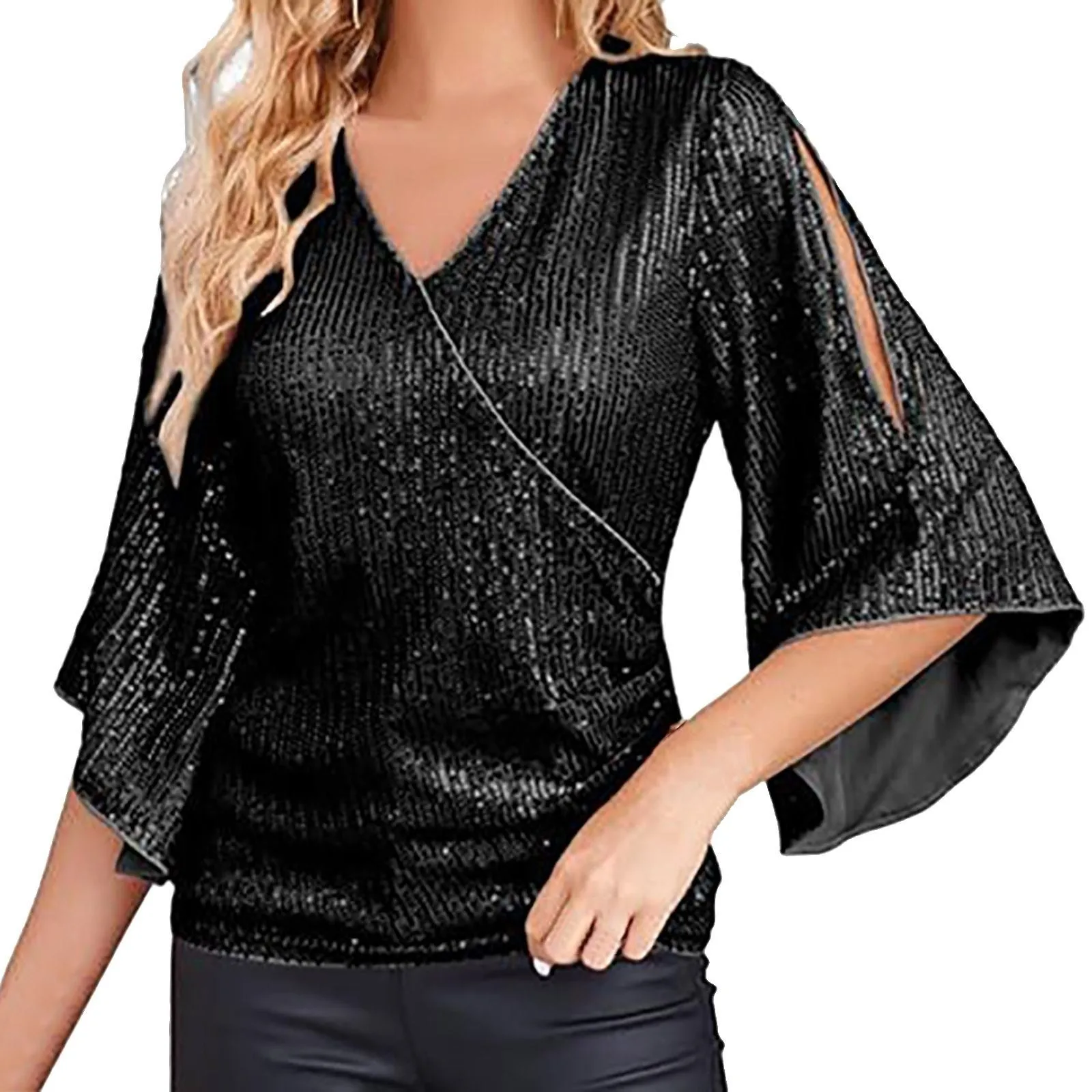 Womens Sequin Tops 3/4 Sleeve Glitter Sparkly Party Blouse V Neck Dressy Tops For Evening Denim Long Sleeve Shirt for Women