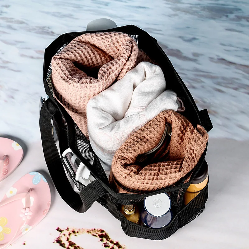 Summer Beach Bag Large-capacity Multi-pocket Mesh Cloth Portable Travel Wash Bag Fitness Swimming Storage Bag Clear Handbags