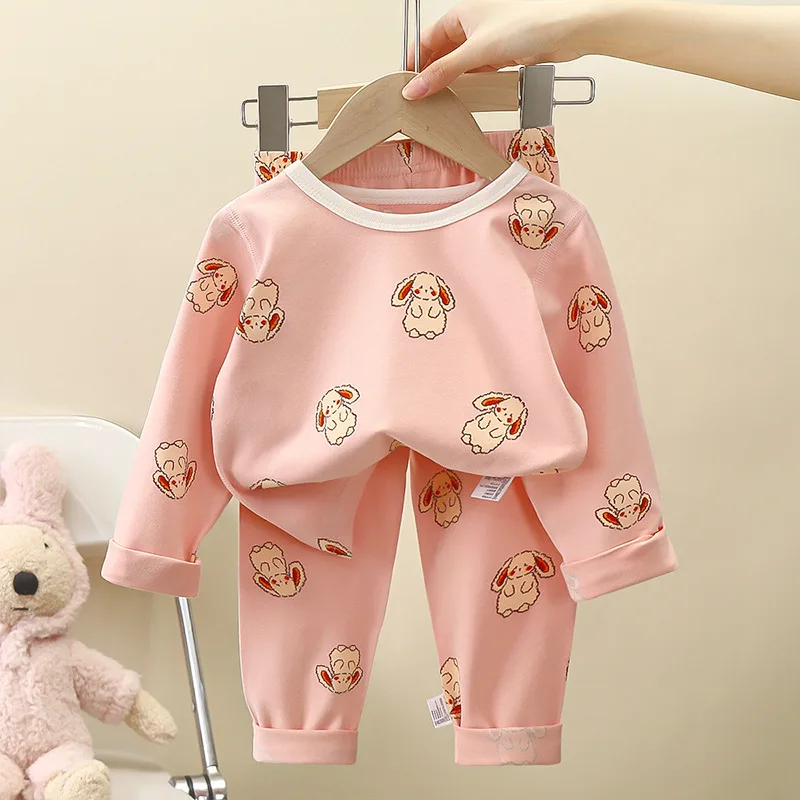 Autumn 2024 Ins Kids Girls 2PCS Sleepwears Set Cotton Printed Floral Cartoon Top+pant Suit Children Baby Girls Pajamas