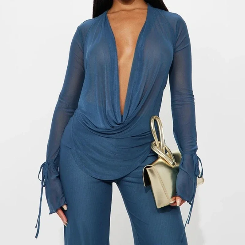 See Through Women 2 Piece Set Sexy Coquette Full Sleeve Swing Collar Tees+Straight Pants Simple Matching Set Clubwear 2025