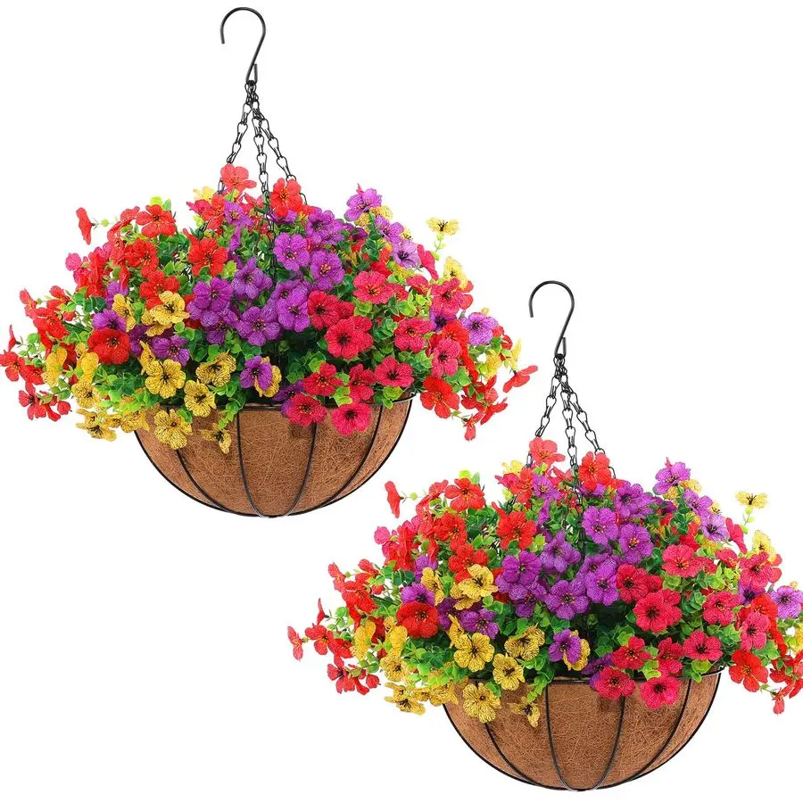

2 Set Artificial Outdoor Flowers with Hanging Basket, 2 Hanging Planters with 24 Pcs Flowers for Spring Summer Front Porch Garde