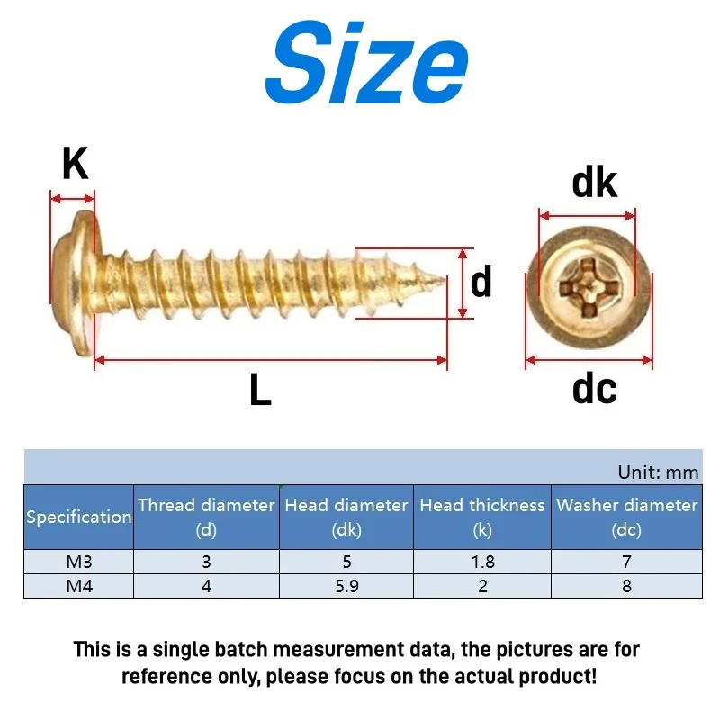 M3 M4 Phillips Pan Head Self Tapping Screw With Washer Gold Plated Carbon Steel Wood Screw Photo Frame Hardware