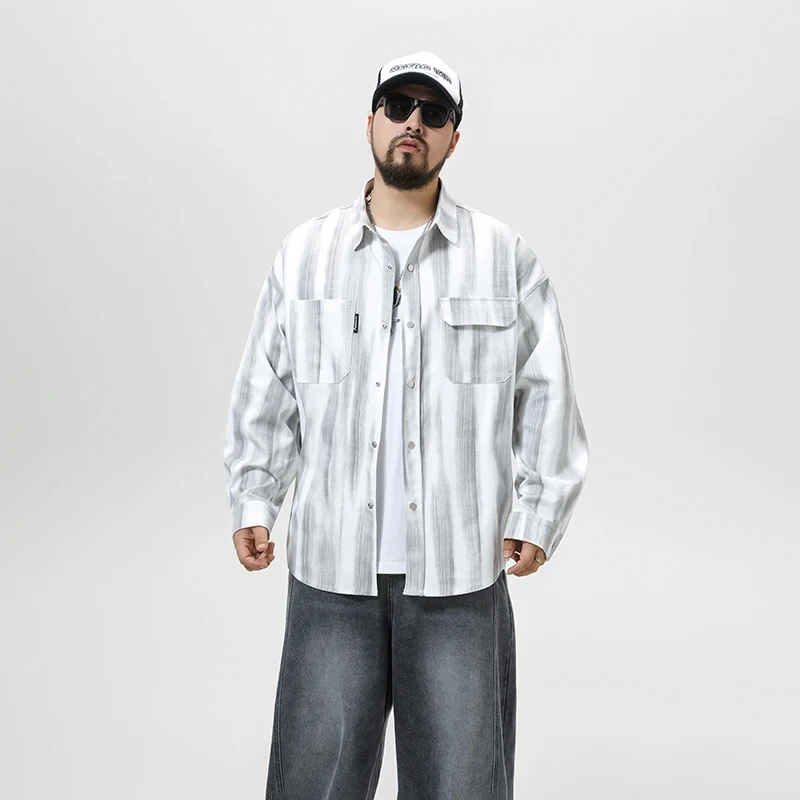 Oversize Long Sleeve Stripe Shirt Men Streetwear Fashion Loose Casual Plus Size Cargo Shirts Campus Boys Girls Blouses Cardigan