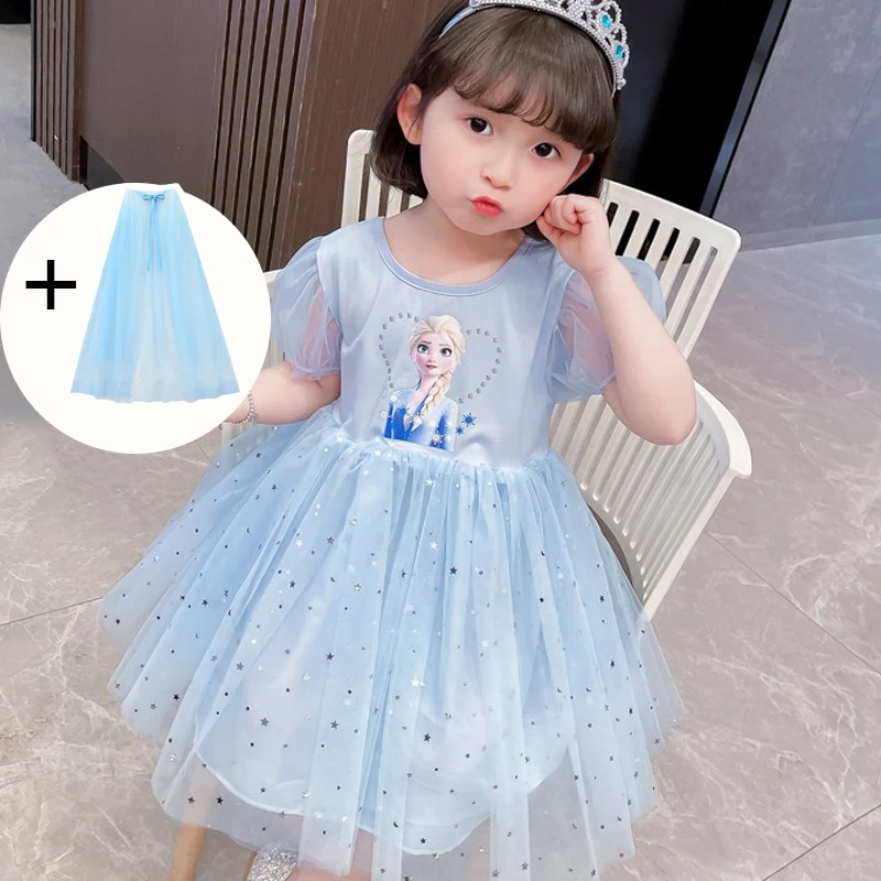 New Summer Girls Dress Cloak Short sleeve Disney Kids Clothes Blue for Children Birthday Party Frozen Elsa Anna Princess Dresses