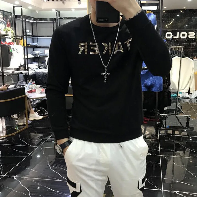

Color hoodies Tops Casual Long Sleeve loose design Sweatshirt Men Korean Cotton Rhinestones Clothes 072
