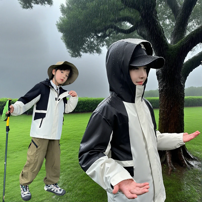 Dubbped Spring Autumn Kids Coats Patchwork Contrast Color Hooded Jackets Boys  Girls Wind  Waterproof Loose Casual Outerwear