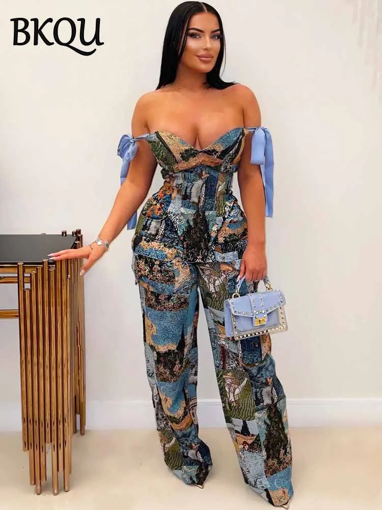 

BKQU Oil Painting Printed Women's Set Sexy Off Shoulder Bandage Crop Tops Multi-Pocket Wide Leg Cargo Pants 2 Piece Club Outfits