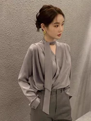 Ele Acetate Satin irt Women's Spring Autumn Luxury Profional Commute V-ne irt Beautiful Top Button Detail
