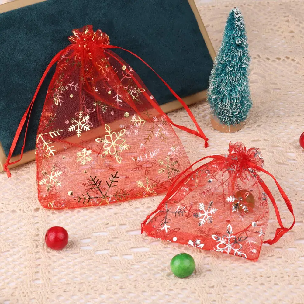 50pcs/Lot Various Sizes Jewelry Bags Red White Snowflake Pattern Organza Christmas Gift Storage Drawstring Pouches Wholesale