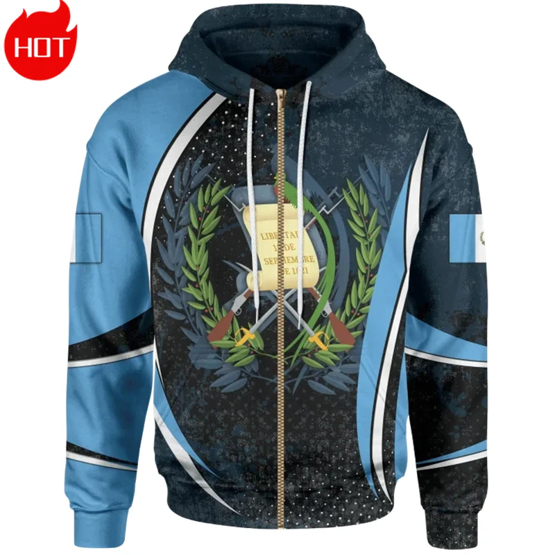 3D Printing Guatemala Tribal Flag Zip Up Hoodies The Republic-of Guatemala Map Emblem Graphic Zipper Pullover Mens Sweatshirts