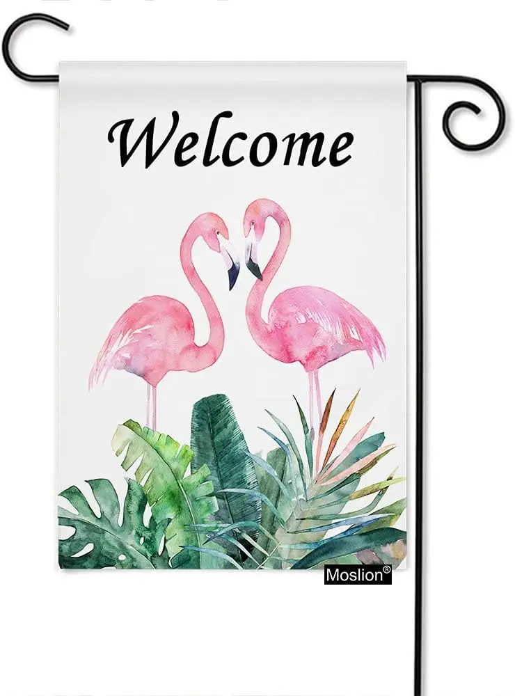 Розовые фламинго Добро пожаловать Садовый флаг Вертикальная двусторонняя тропическая птица на пальме Зеленые листья Домашние флаги Мешковина Бан EEN