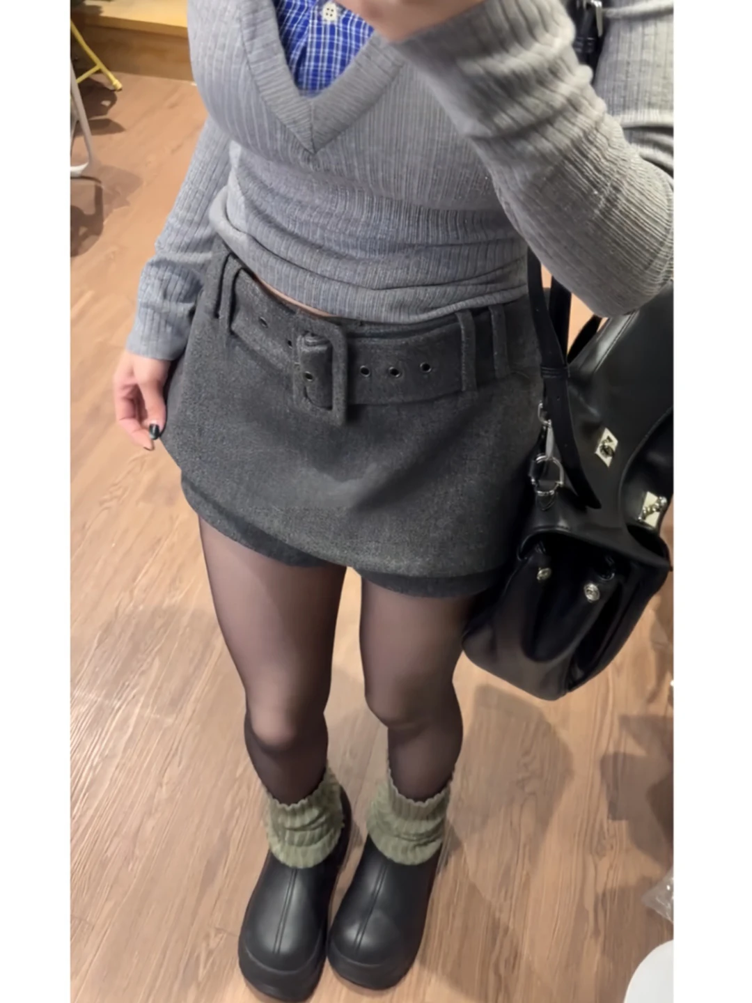 plus Size Women's Grey Woolen  Skirt with Belt High Waist Slimming A-Line Korean Style Early Autumn Winter Fashion