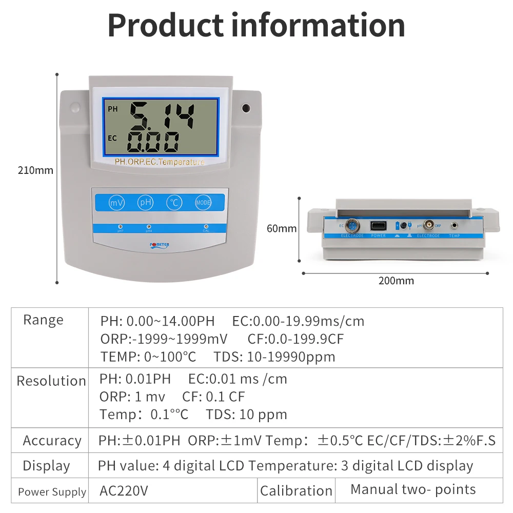 6 In 1 Water Quality Tester PH ORP TDS EC CF Temperature Benchtop PH Meter For Laboratory Drinking Water Aquarium Swimming Pool