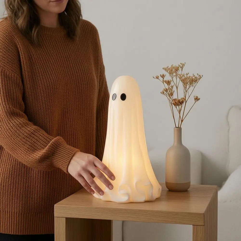 Light Up Ghost Halloween Lamp 3D Printed LED Ghost Figurine, Glowing Ghost Tabletop Decoration for Mantel, Shelf, Tiered Tray