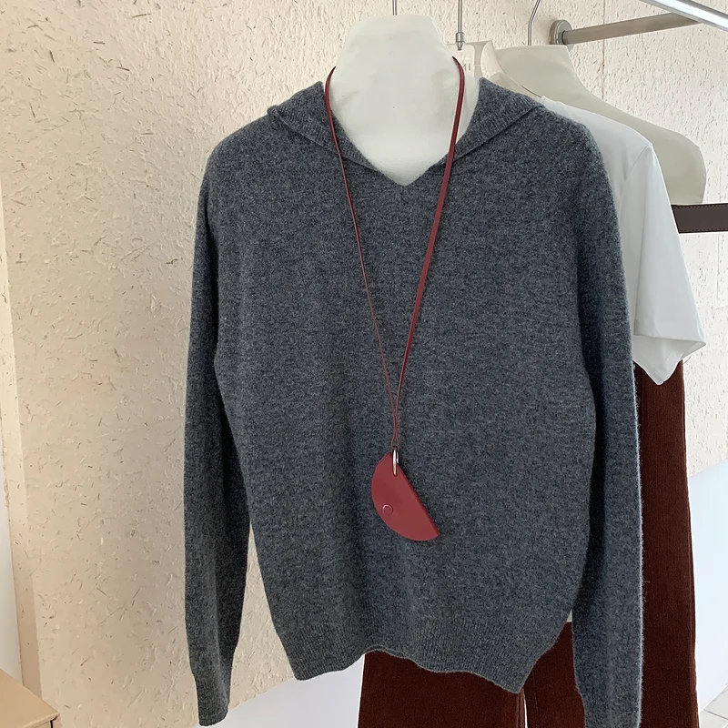 Autumn Winter New Arrival Women's Merino Wool Pullover Sweater Hooded V‑Neck Solid Warm Luminous Soft Warm Long Sleeve Knit Top