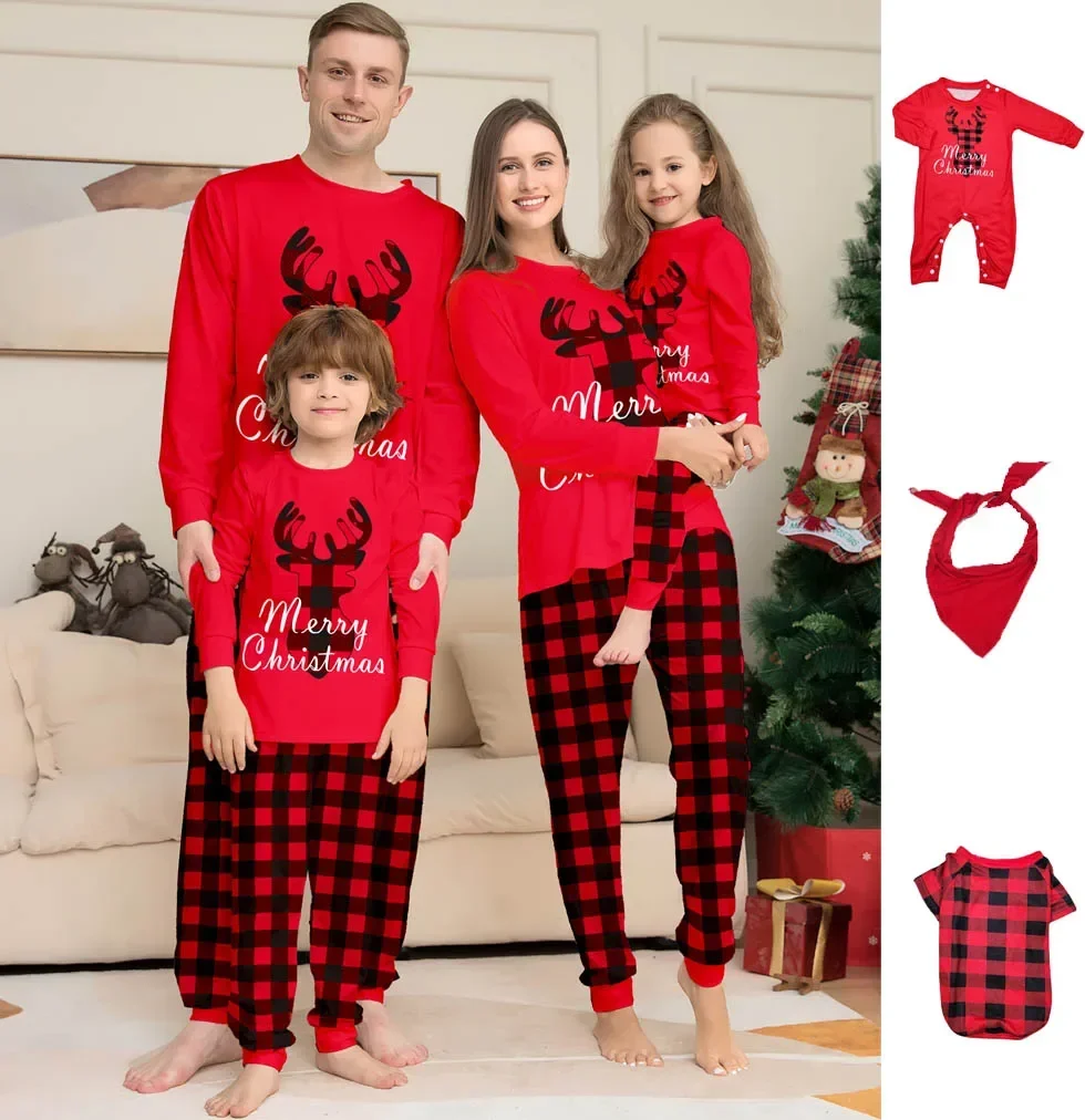 2024 Christmas Parent-child Outfit Print Pajama Set, Long Sleeve Crew Neck Top&lattice Striped Pants,Women's Sleepwear & Lounge