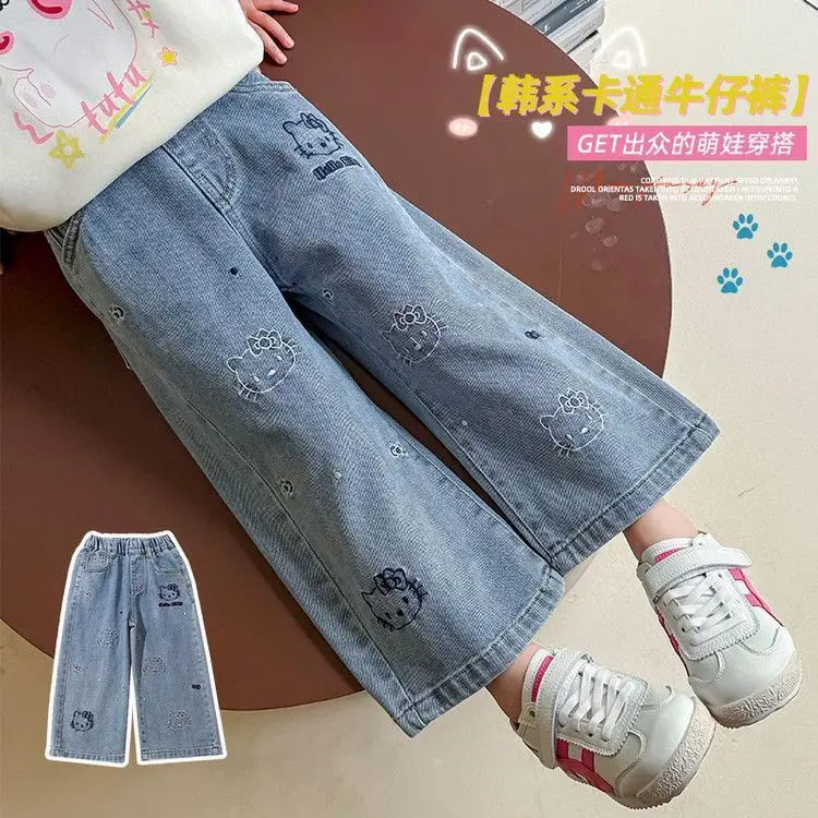 

Sanrio Kids Jeans Hello Kitty Elastic Waist Jeans for Toddlers Boys Girls Print Cartoon Denim Pants Durable Reinforced Knees