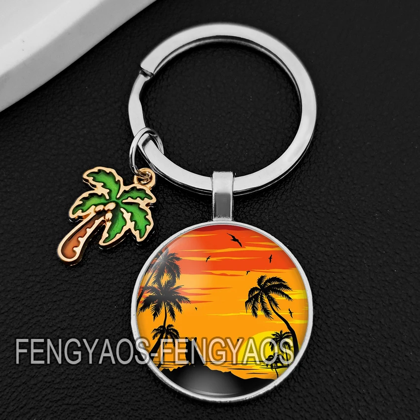 Beautiful Maldives Scenery Keychains Ocean Landscape Charm Keychain Beach Coconut Tree Key Ring Gift for Travel