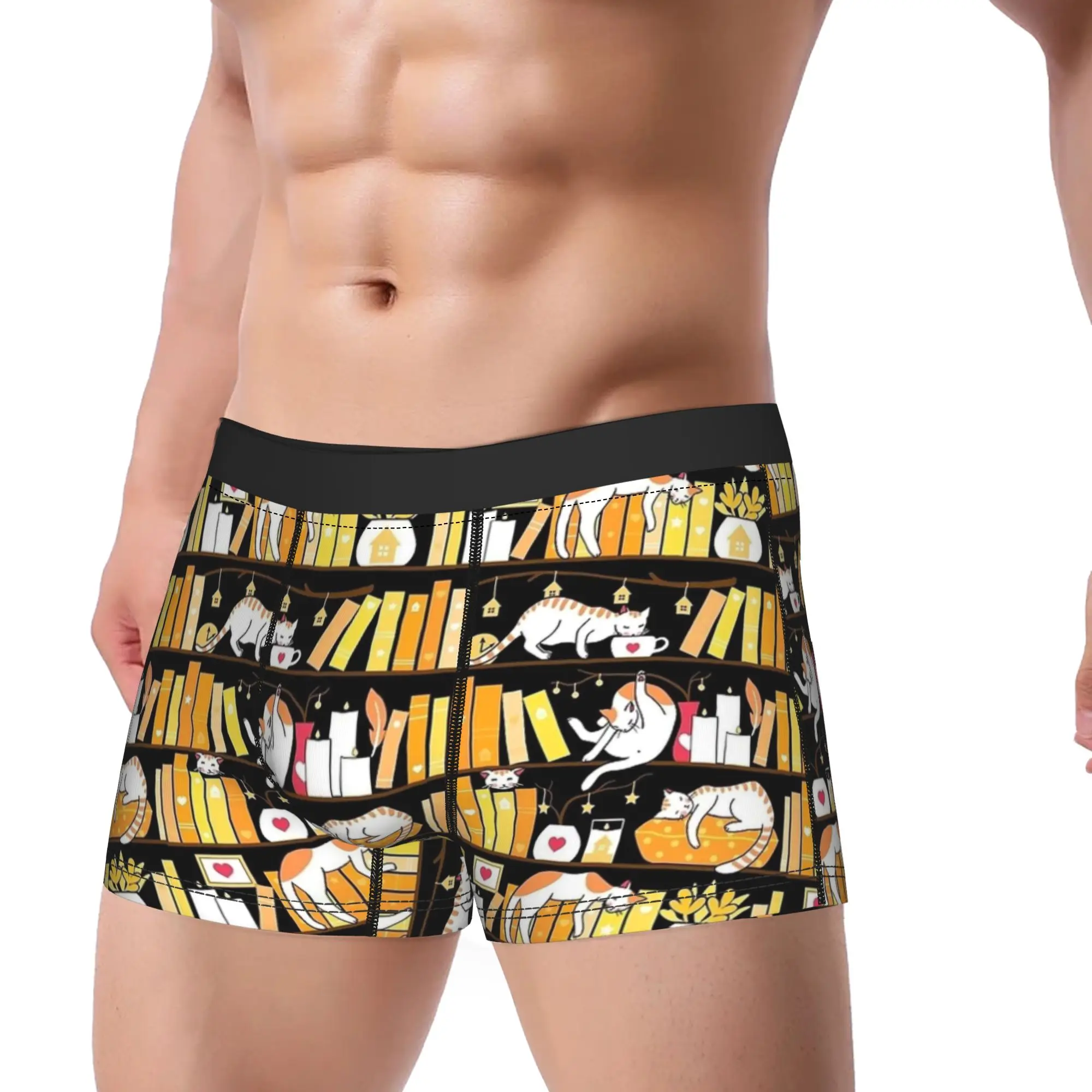 Library Cats Golden Sunshine Underwear  Comfortable Underpants Printed Boxer Brief For Men 3D Pouch Plus Size Boxershorts
