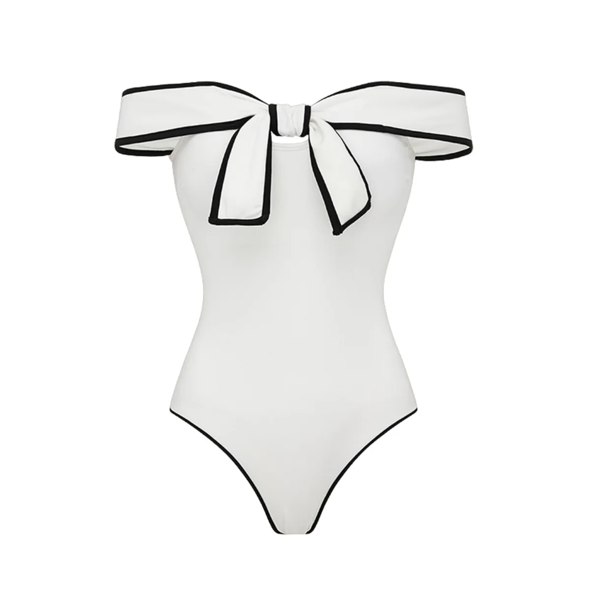 Women's Swimwear Black White Color Block Bustier Bow One-Piece Swimsuit Summer Beach Vacation Bikini with Maxi Dress Skirt view 5
