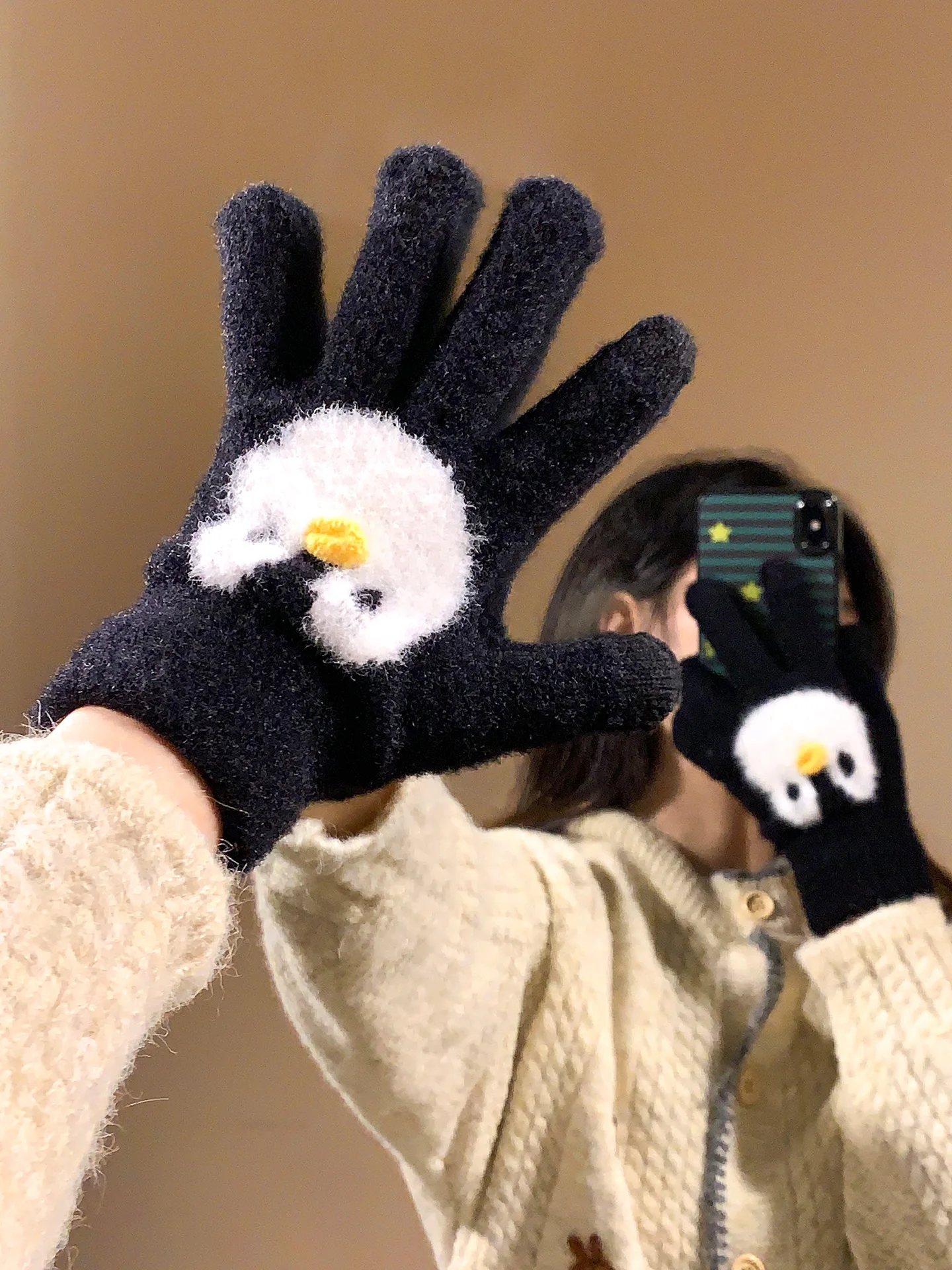 Cute Cartoon Penguin Plush Knitted Gloves Women's Winter Outdoor Cycling Warm Cold Proof Fingered Hand Muffs Thickened
