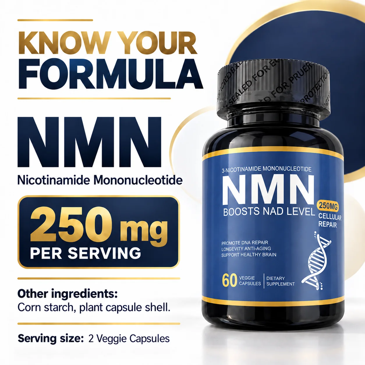 NMN Supplement 250mg per Serving 60 Veggie Capsules Nicotinamide Mononucleotide Daily Wellness Formula 30 Servings for Daily Use