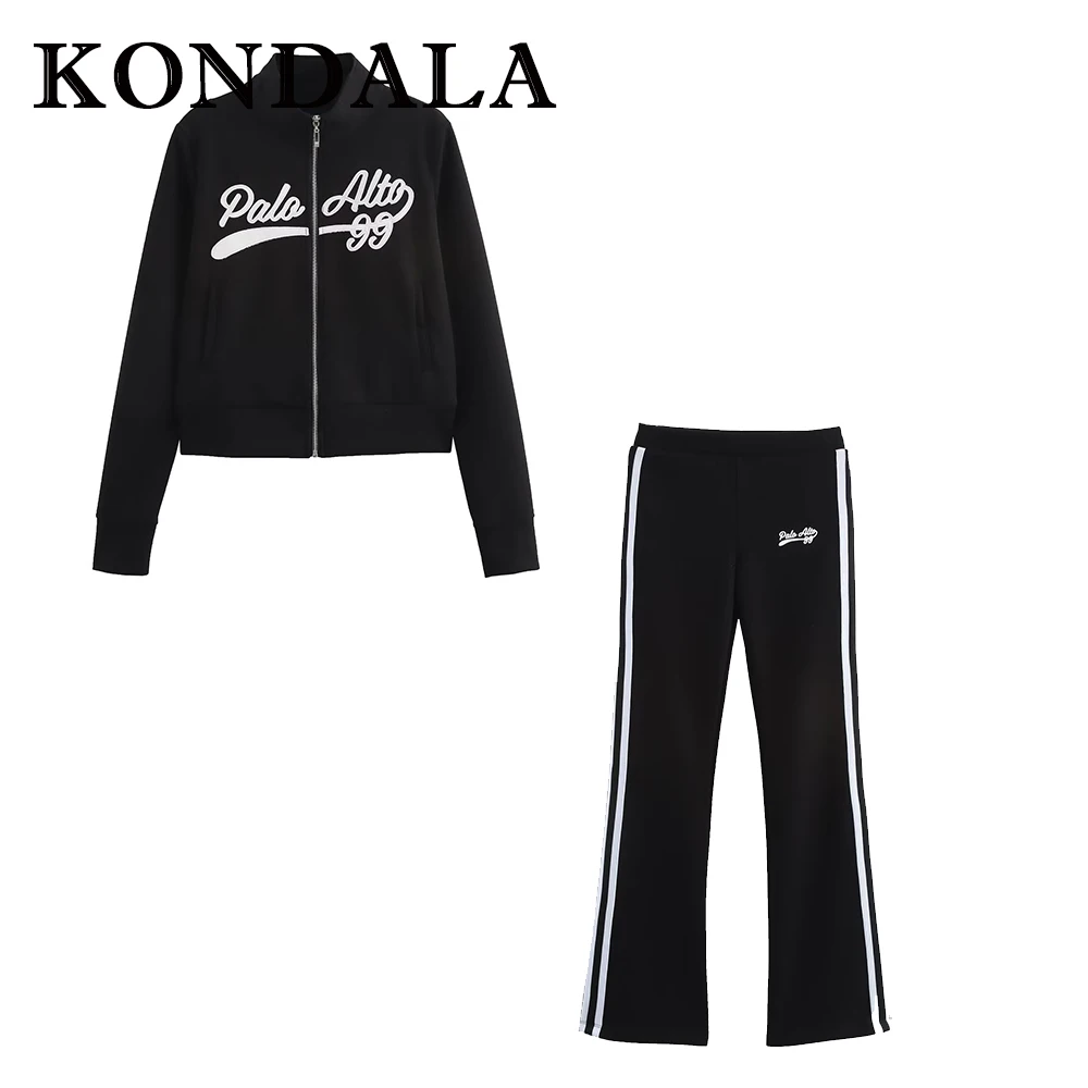 

KONDALA Chic Academic Sporty 2025 Fashion Woman Suit Zipper Straight Jacket+Elastic Waist Long Flare Pants Casual Female Set
